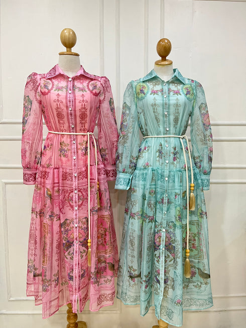 High Fashion Multi Color Floral Print Collar Down Waist Rope Dress